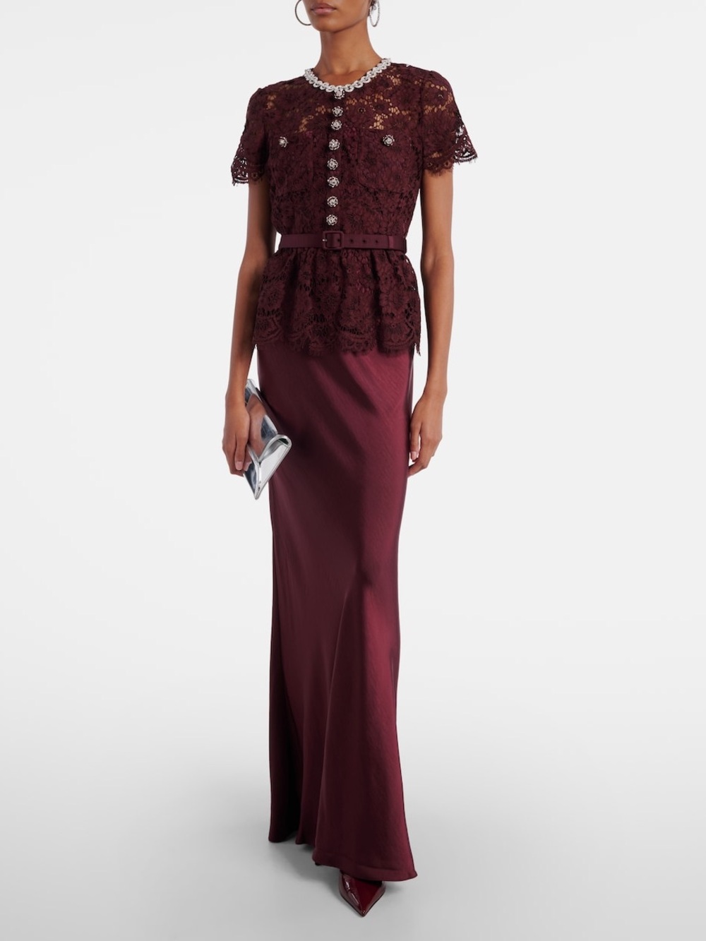 SELF PORTRAIT BELTED LACE AND SATIN MAXI DRESS